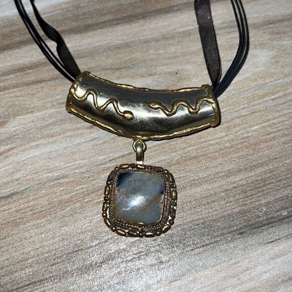 Vtg Dangle Charm Slide Pendant Necklace Bail Jasper Mixed Metal India 80s - Picture 1 of 6